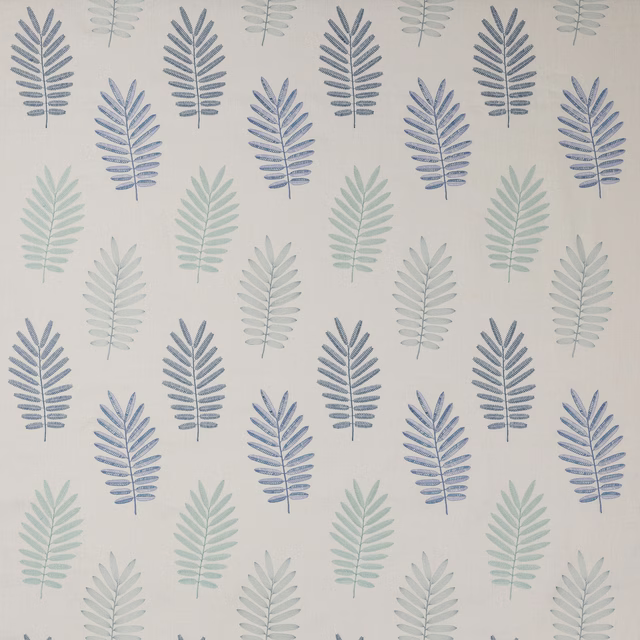 Pale botanical leaf print in soft blue on an ivory ground
