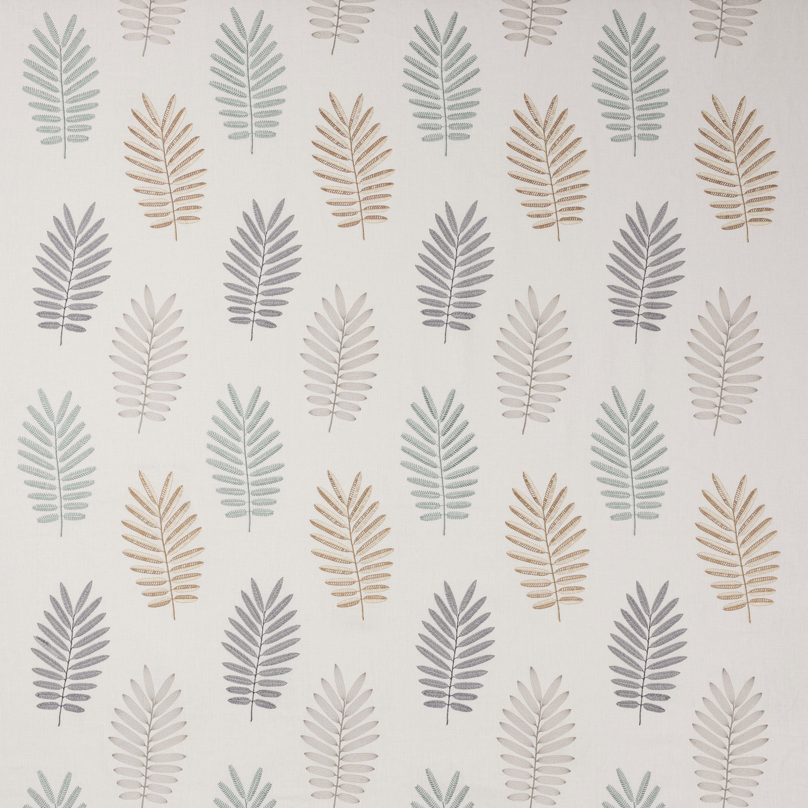 Repeated leaf motif in soft grey, taupe and pale sage on an ivory ground