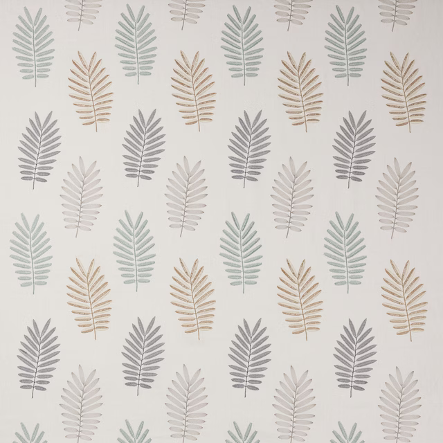 Repeated leaf motif in soft grey, taupe and pale sage on an ivory ground