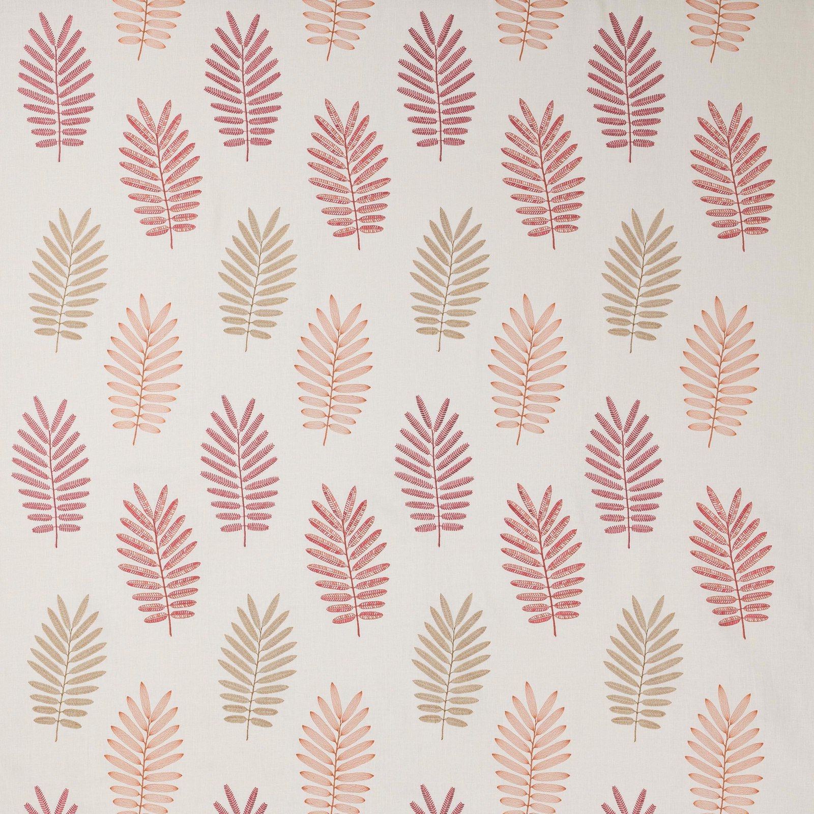 Pale ground fabric with scattered coral and blush fern leaf motifs