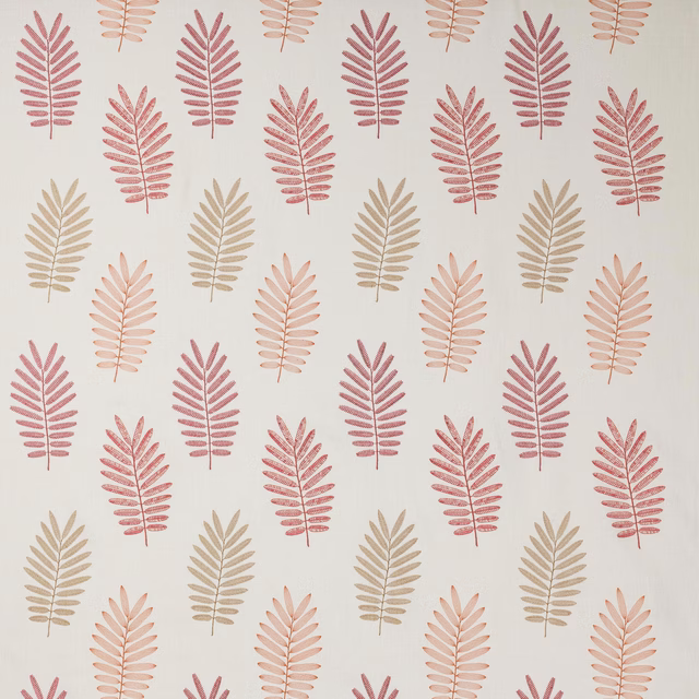Pale ground fabric with scattered coral and blush fern leaf motifs