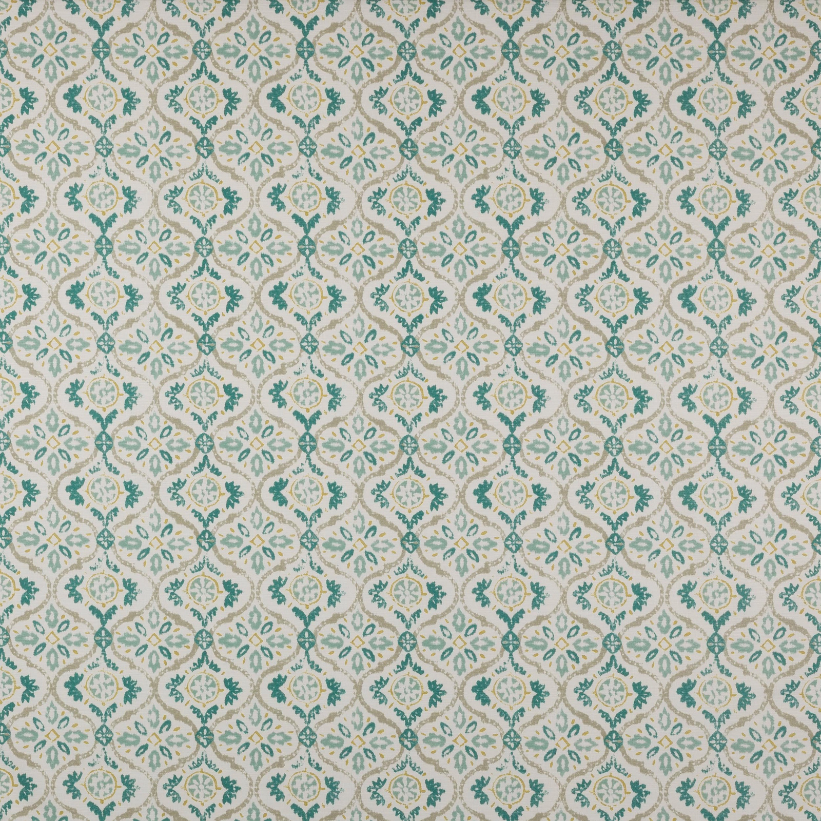 Ivory cotton fabric with repeating aqua trellis medallions and small floral motifs