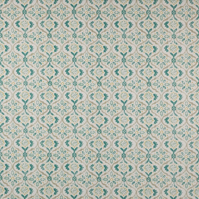 Ivory cotton fabric with repeating aqua trellis medallions and small floral motifs
