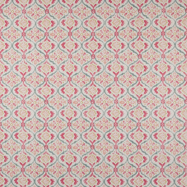 Small repeating damask pattern in blush pink, mint and cream on cotton fabric