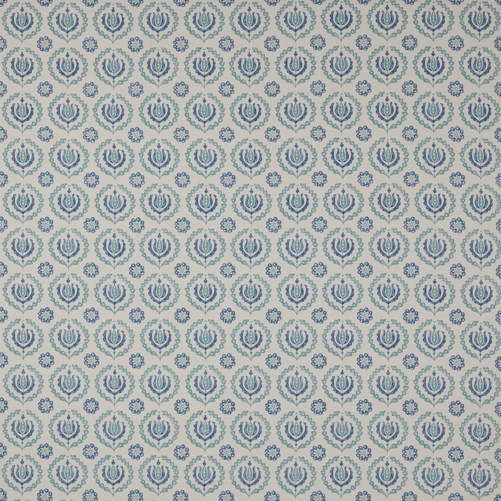 Small blue and aqua floral repeat on a pale cotton ground
