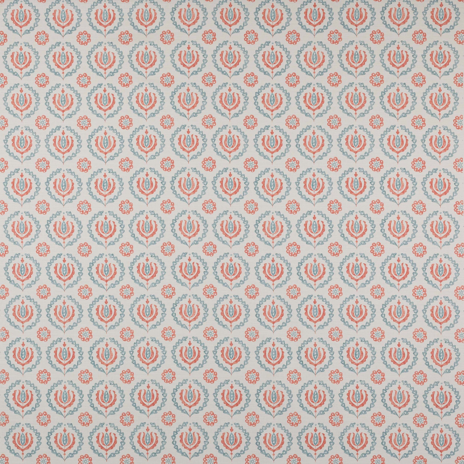 Small coral and slate botanical print on a pale cotton ground