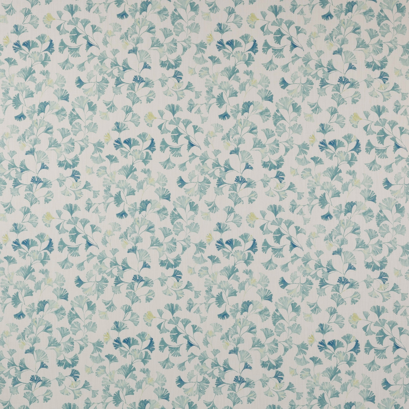 Cream fabric with repeating aqua and teal leaf clusters in a botanical print