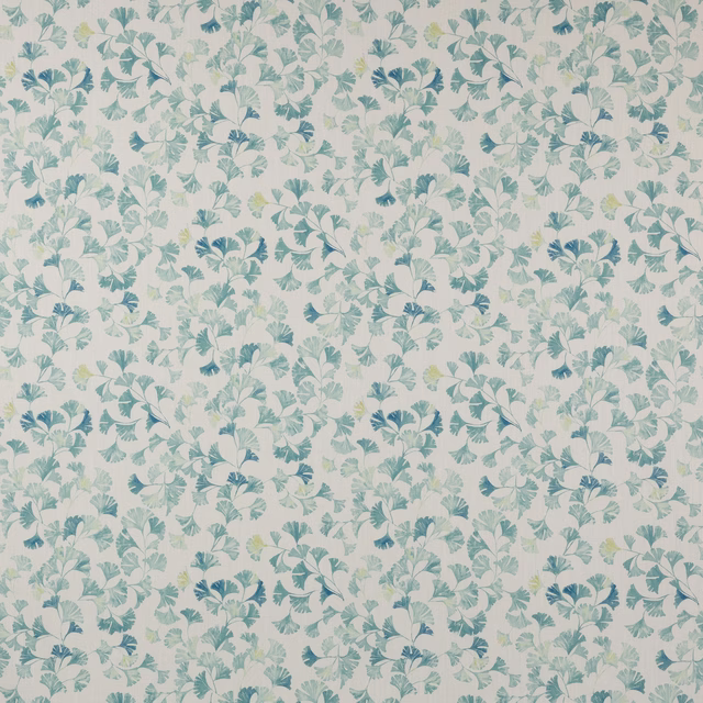 Cream fabric with repeating aqua and teal leaf clusters in a botanical print