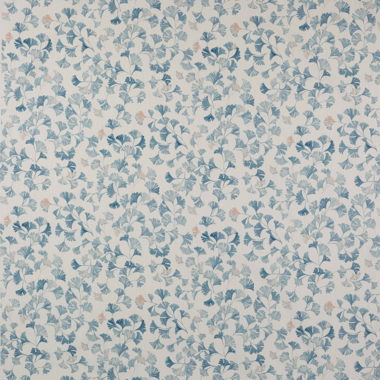 Blue and ivory floral fabric swatch with soft trailing leaf motif
