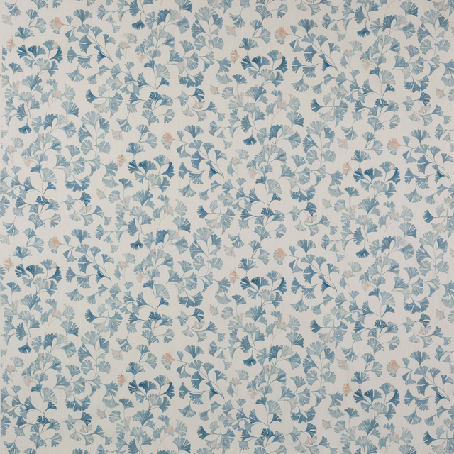 Blue and ivory floral fabric swatch with soft trailing leaf motif