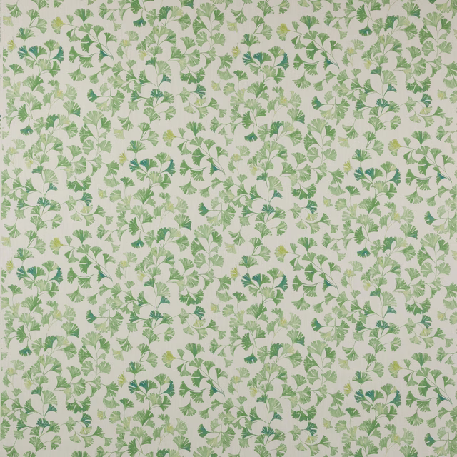 Large leafy green botanical motif on a pale ground, softly woven fabric