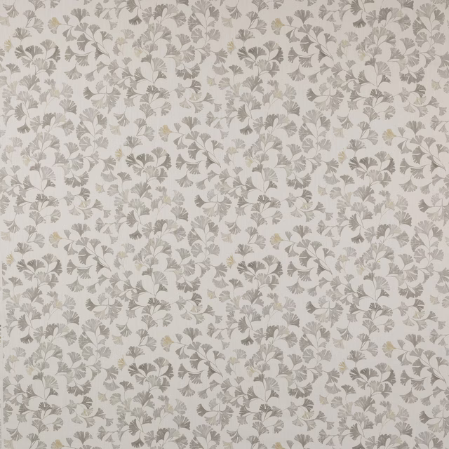 Pale floral fabric with soft grey and beige motif on an ivory ground