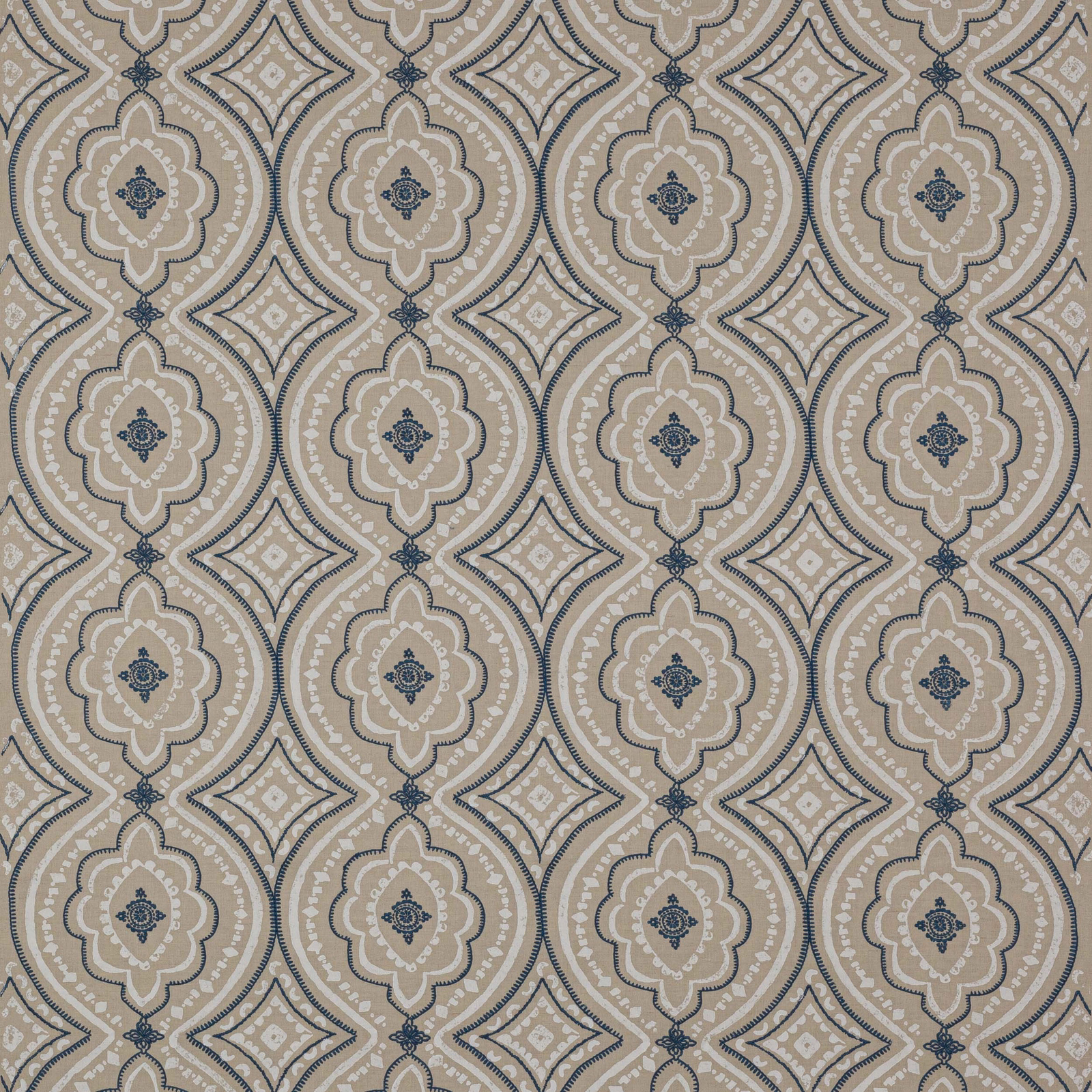 Patterned swatch with muted blue medallions, taupe diamonds and ivory detailing