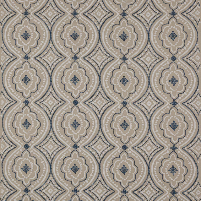 Patterned swatch with muted blue medallions, taupe diamonds and ivory detailing