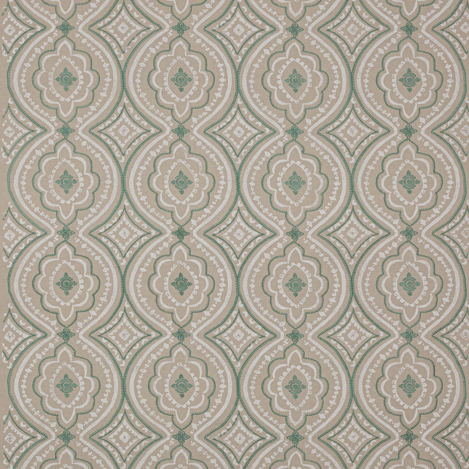 Sage green and ivory geometric floral fabric swatch with repeating medallions