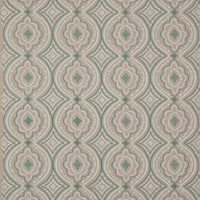 Sage green and ivory geometric floral fabric swatch with repeating medallions