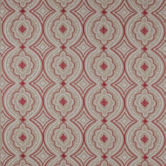 Patterned swatch with coral red medallions and diamonds on a pale neutral ground