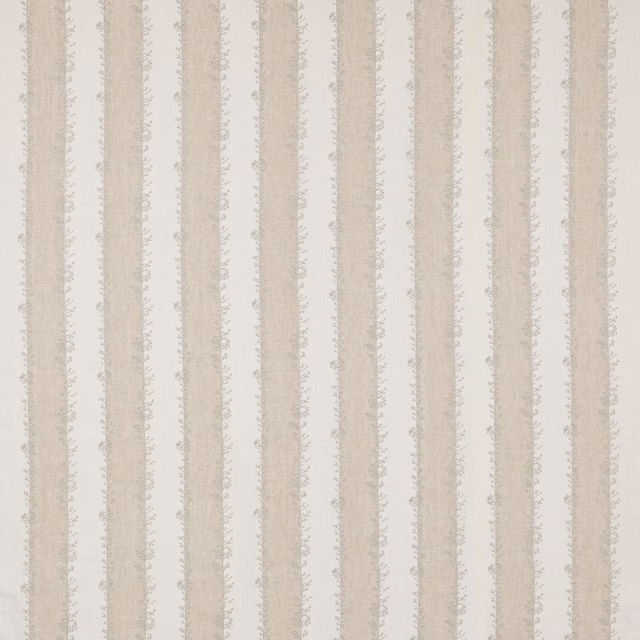 Vertical beige and ivory striped fabric with a delicate leafy edge texture