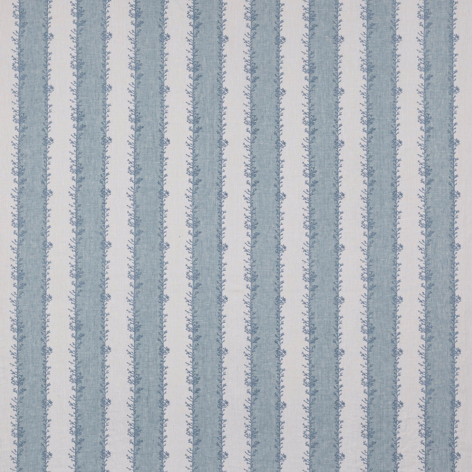 Pale blue and ivory vertical striped fabric with delicate trailing motif