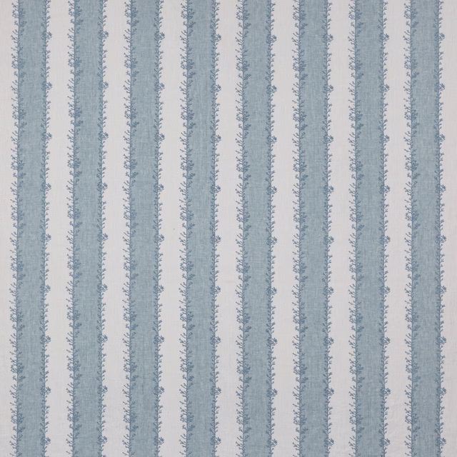 Pale blue and ivory vertical striped fabric with delicate trailing motif