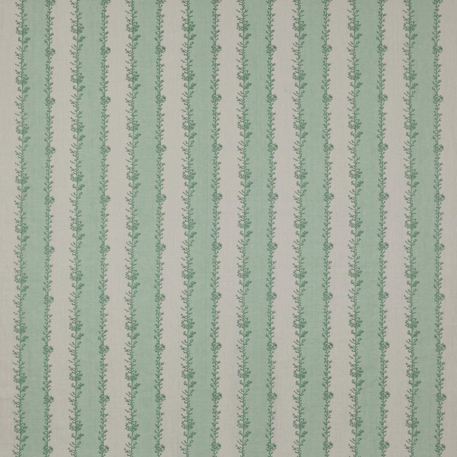 Pale sage green striped fabric with slender leafy vertical stems on a natural ground
