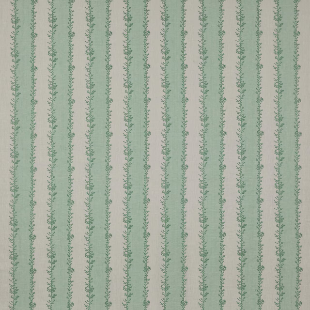 Pale sage green striped fabric with slender leafy vertical stems on a natural ground