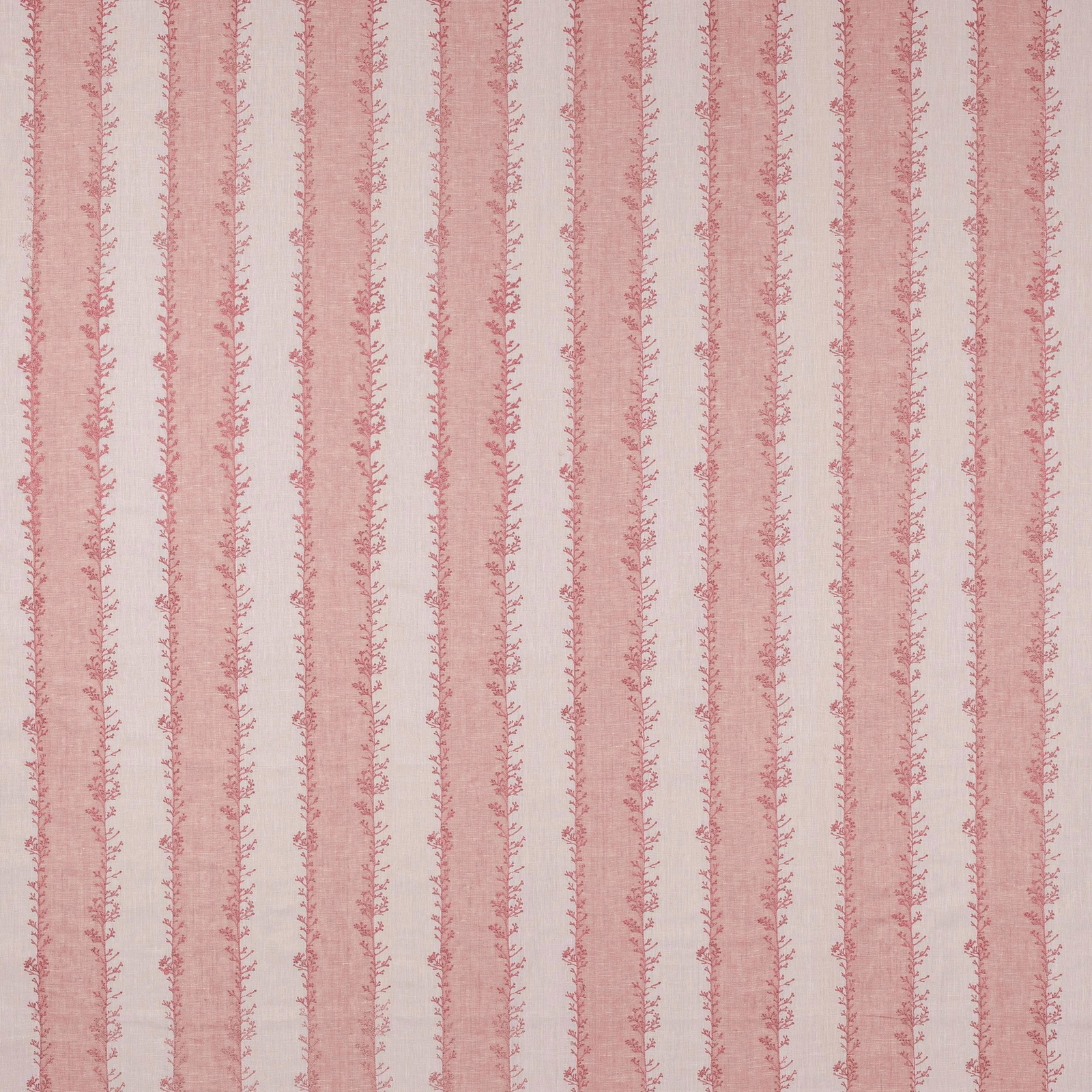 Blush pink striped fabric with tiny floral vines on a pale ground