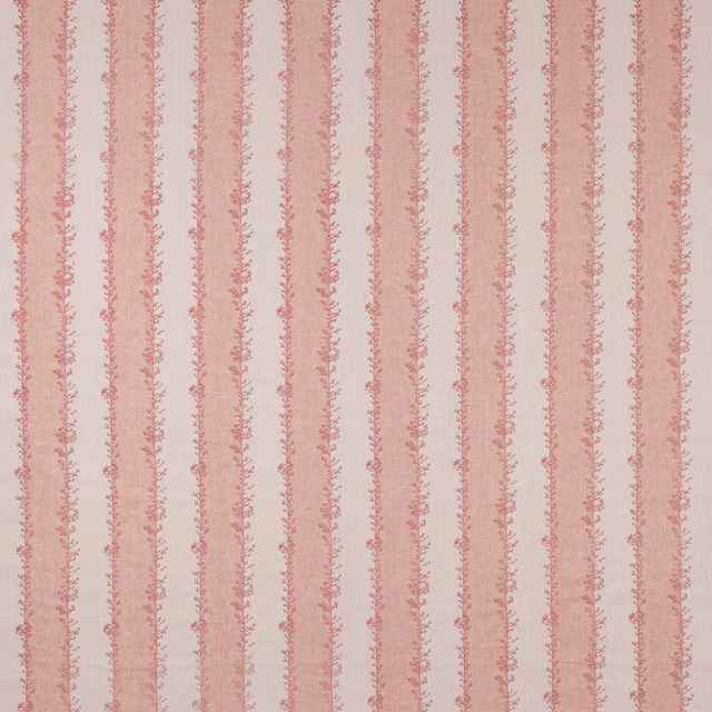 Blush pink striped fabric with tiny floral vines on a pale ground