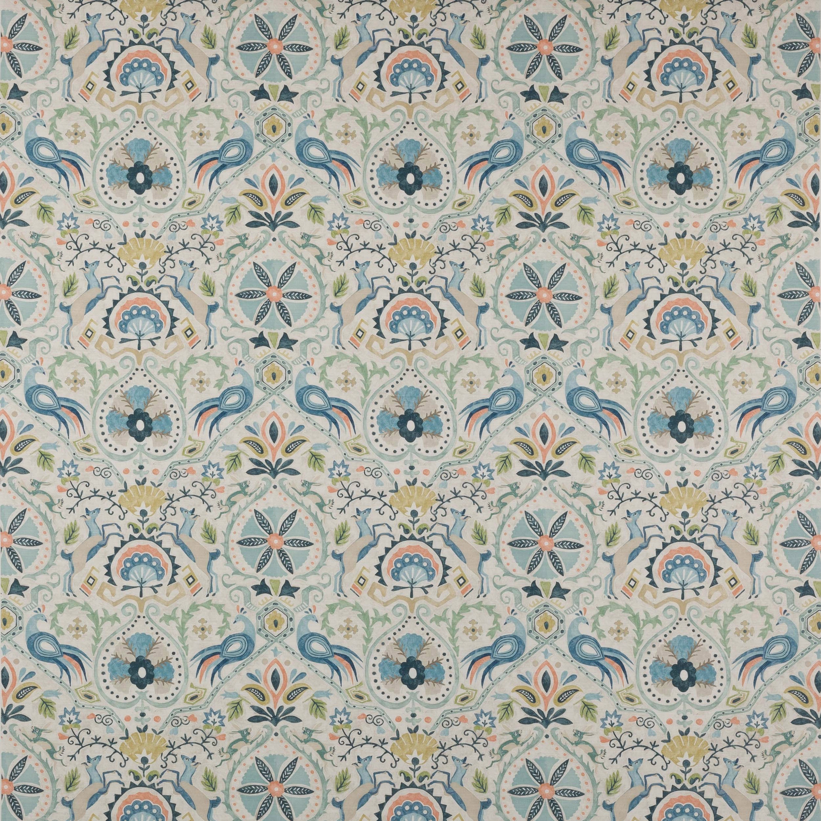 Light cotton fabric with soft blue and sage floral motifs on an ivory ground