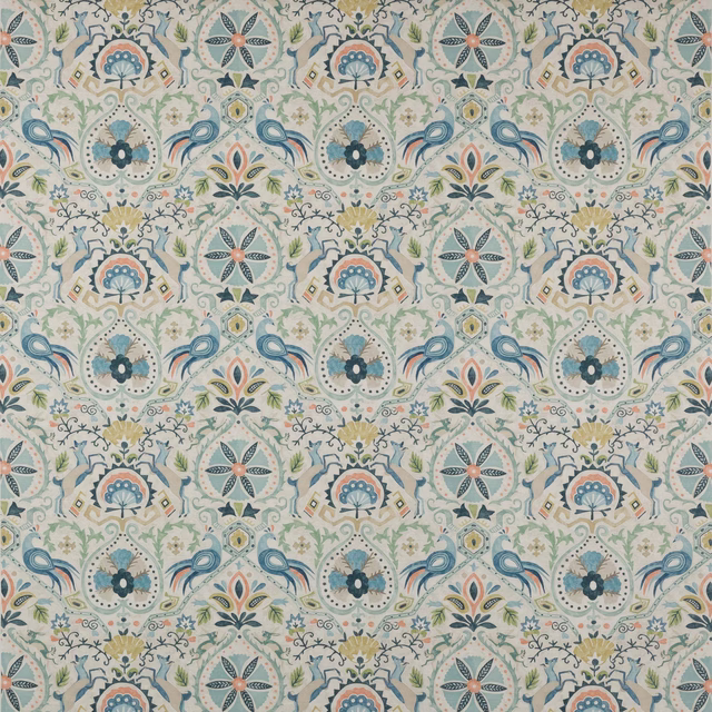 Light cotton fabric with soft blue and sage floral motifs on an ivory ground