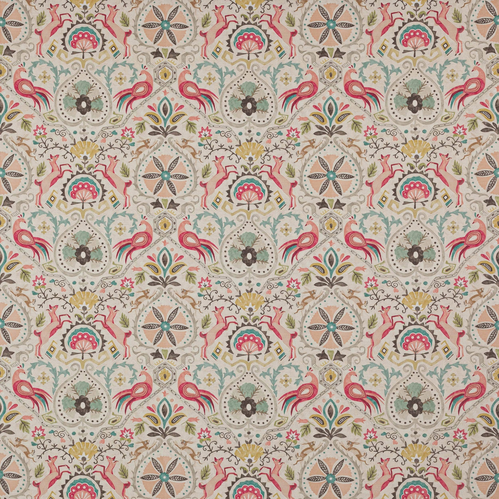 Cream cotton fabric with large multicolour damask-style motifs, birds and florals
