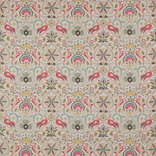 Cream cotton fabric with large multicolour damask-style motifs, birds and florals