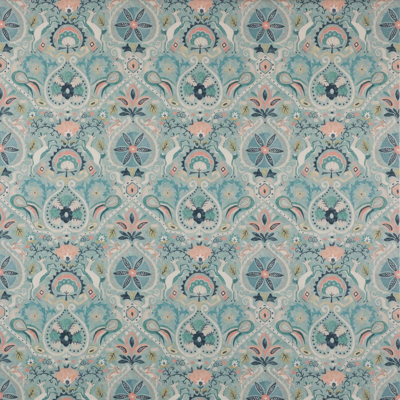 Pastel teal damask-style floral fabric with coral and navy motifs