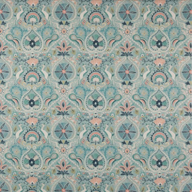 Pastel teal damask-style floral fabric with coral and navy motifs
