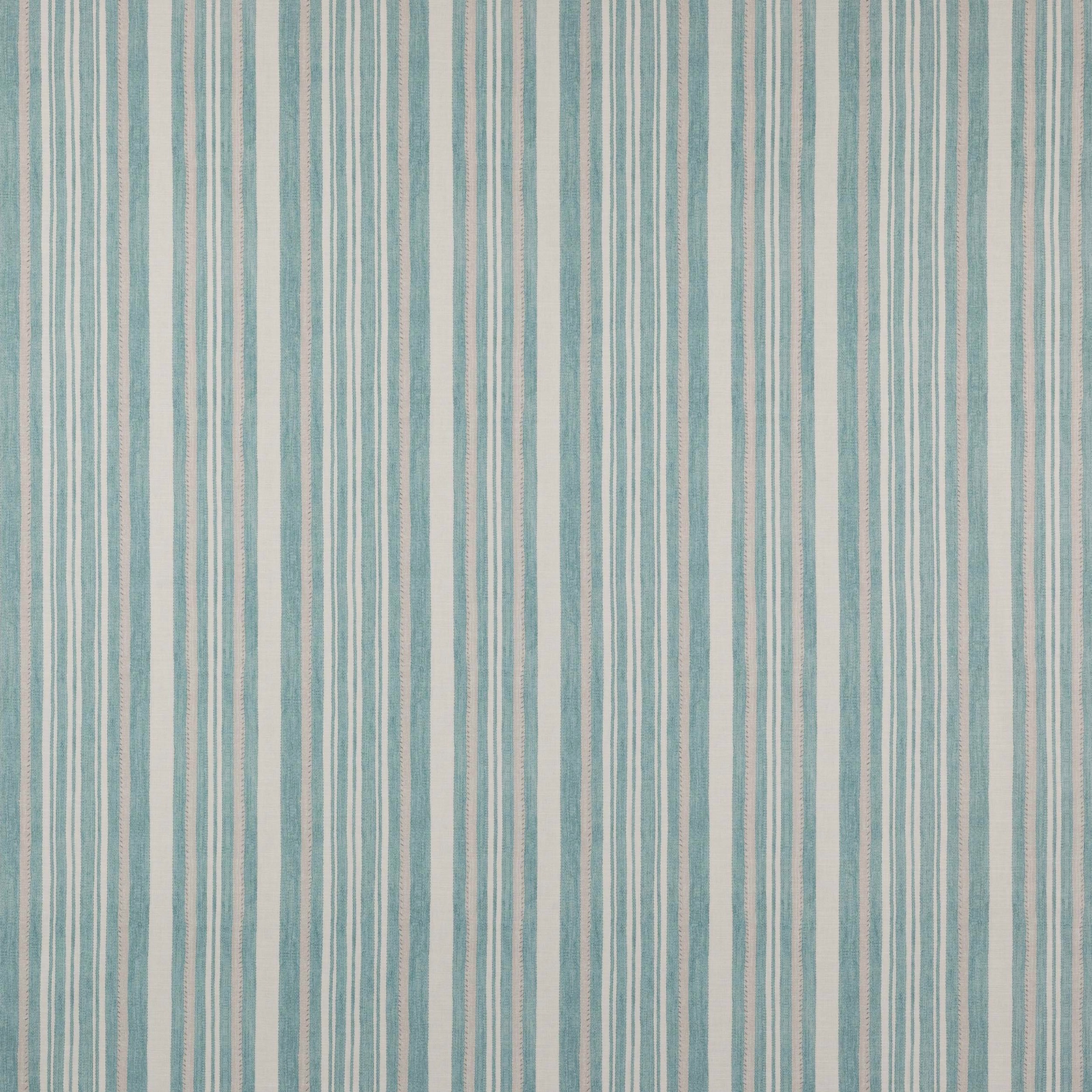 Vertical aqua and cream striped cotton fabric with fine woven texture
