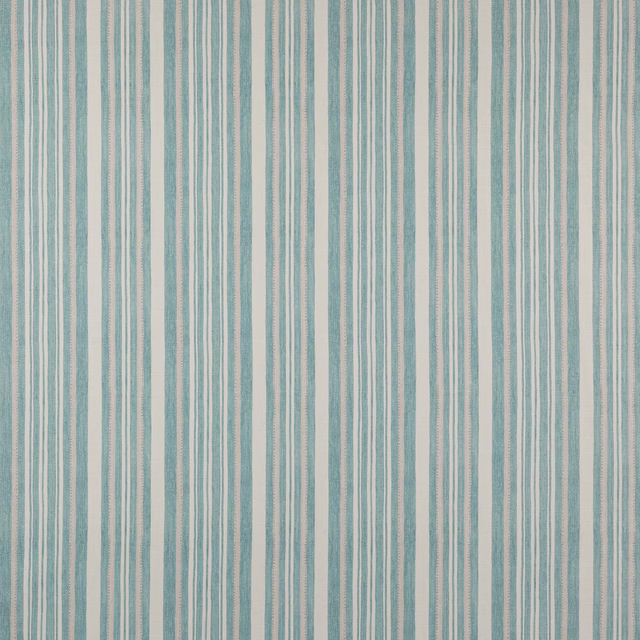 Vertical aqua and cream striped cotton fabric with fine woven texture