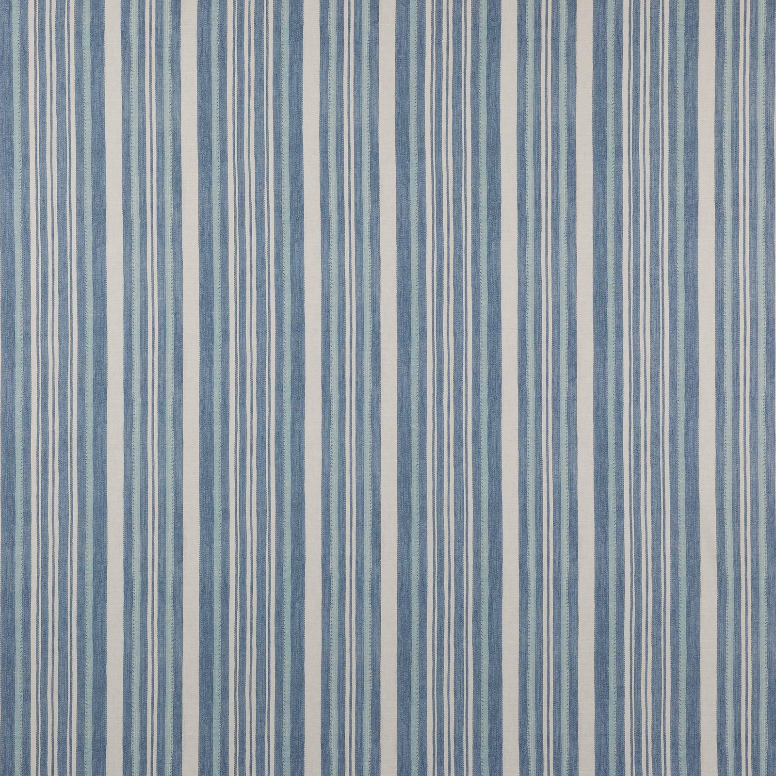 Vertical blue and ivory striped cotton fabric with a softly textured weave