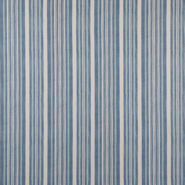 Vertical blue and ivory striped cotton fabric with a softly textured weave