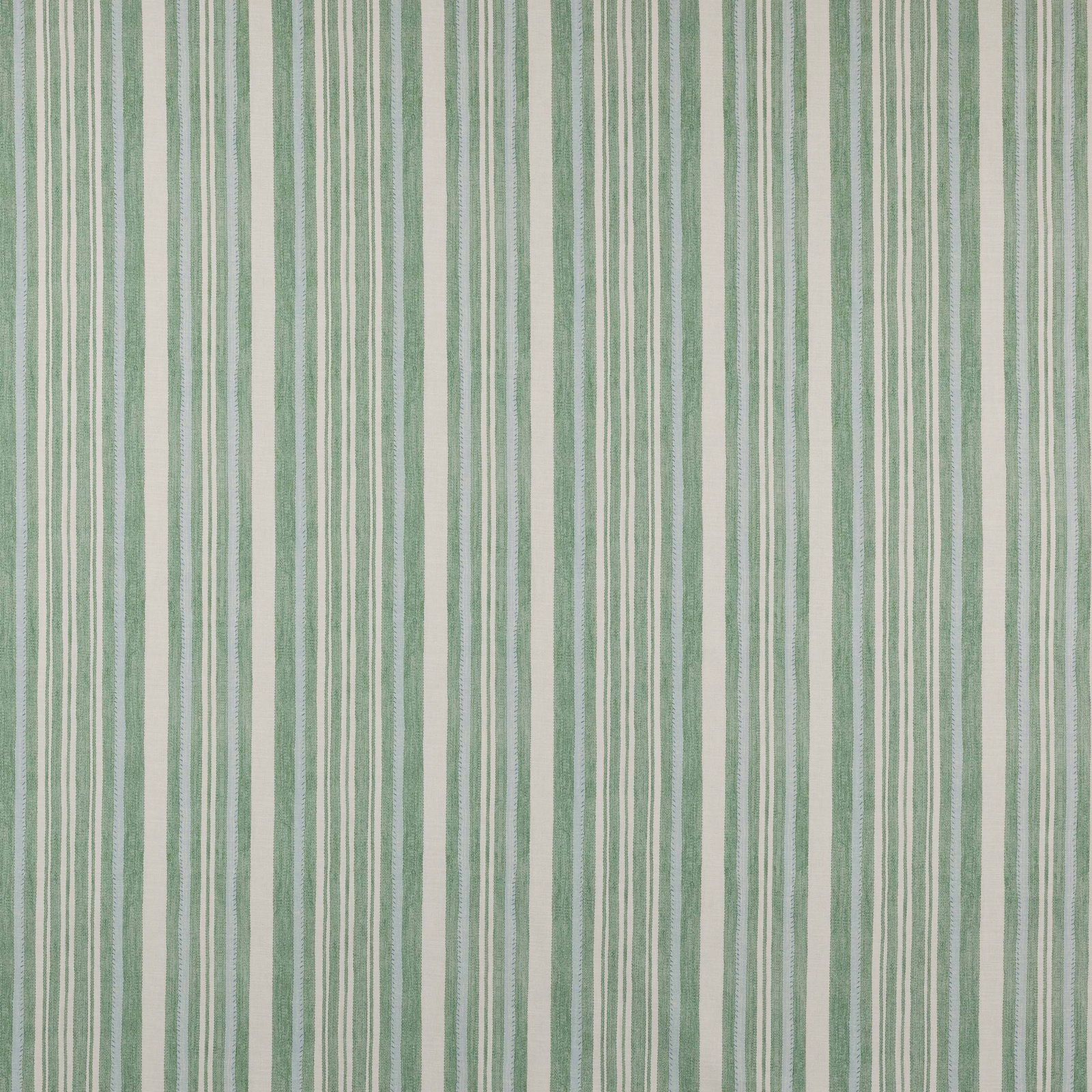 Soft sage green vertical stripe cotton fabric with cream ground and fine pinstripes