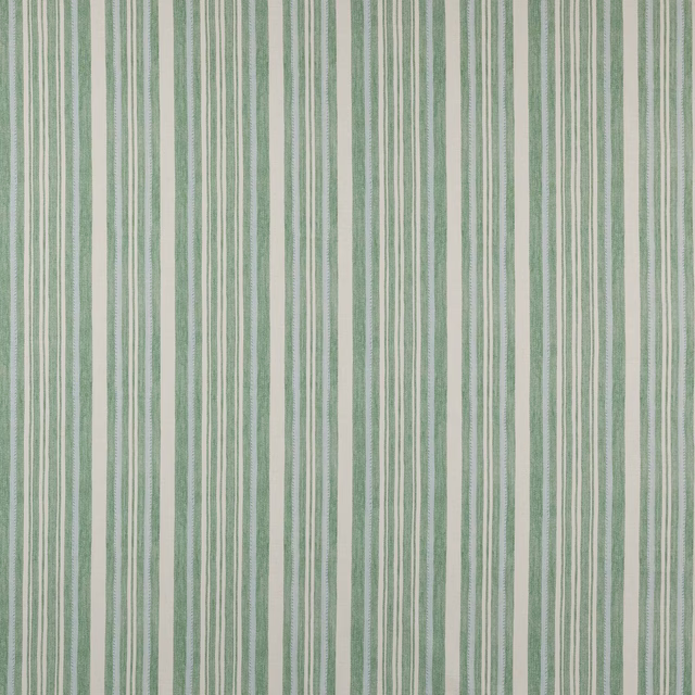 Soft sage green vertical stripe cotton fabric with cream ground and fine pinstripes