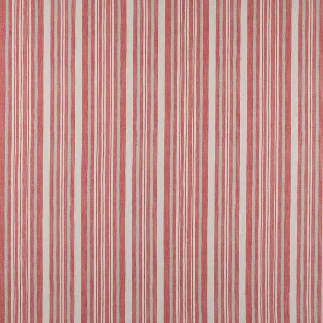 Vertical coral-red stripes on a pale cotton ground with a crisp woven texture