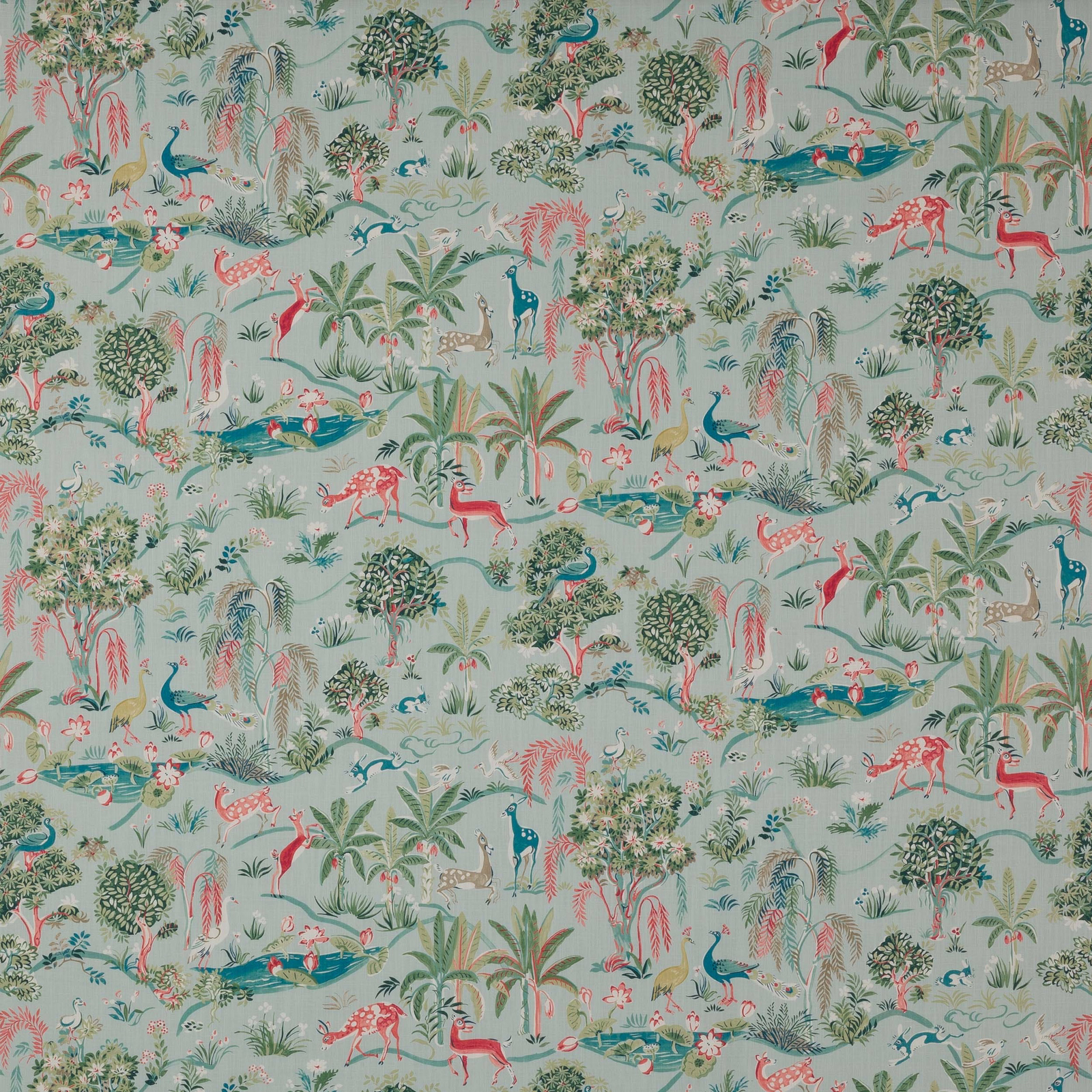 Wildwood Aqua scenic fabric with aqua ground, tropical trees and deer