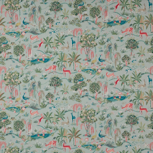 Wildwood Aqua scenic fabric with aqua ground, tropical trees and deer