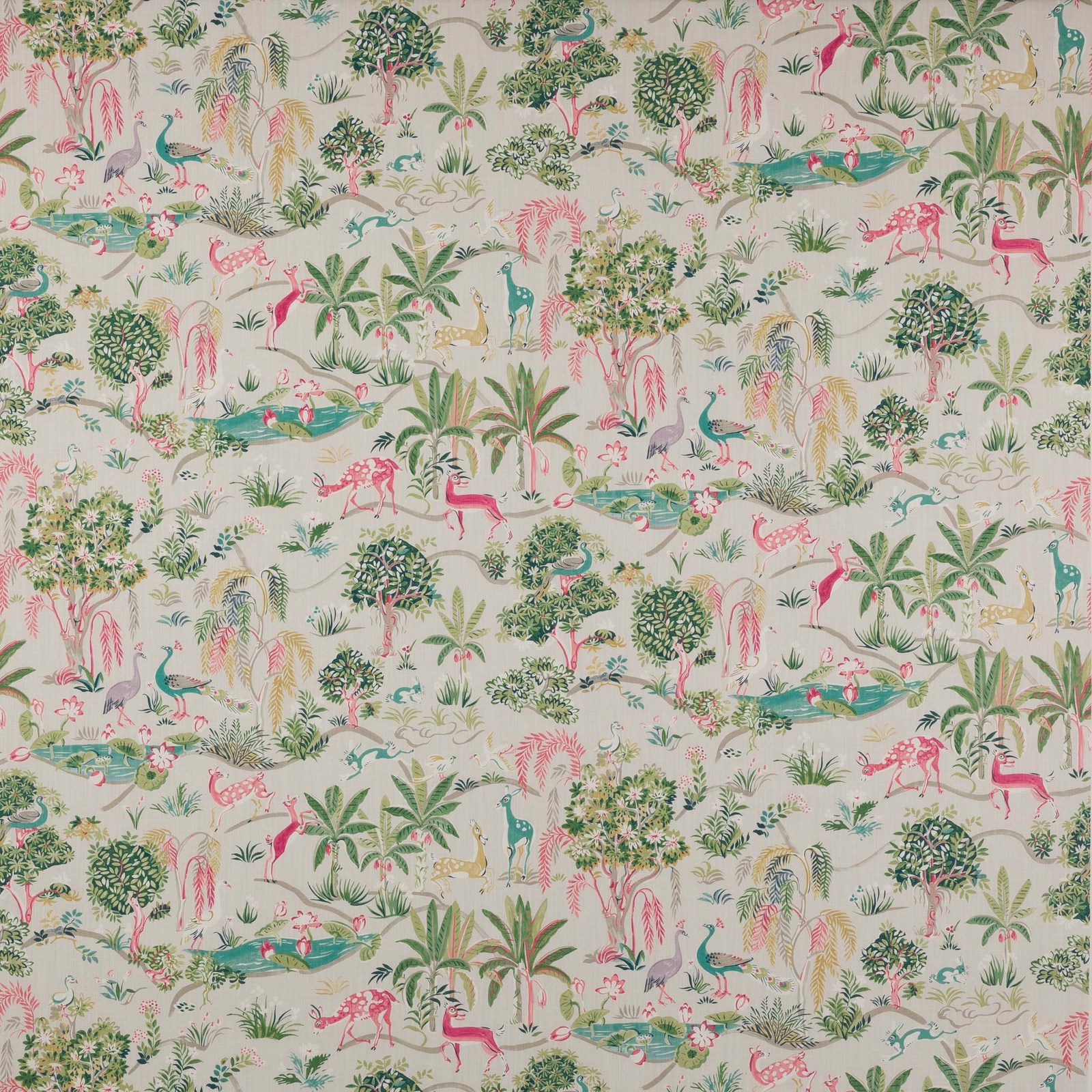 Cream jungle print fabric with pastel pink, teal and green animals and palms
