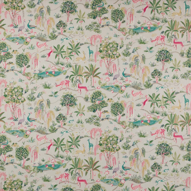 Cream jungle print fabric with pastel pink, teal and green animals and palms