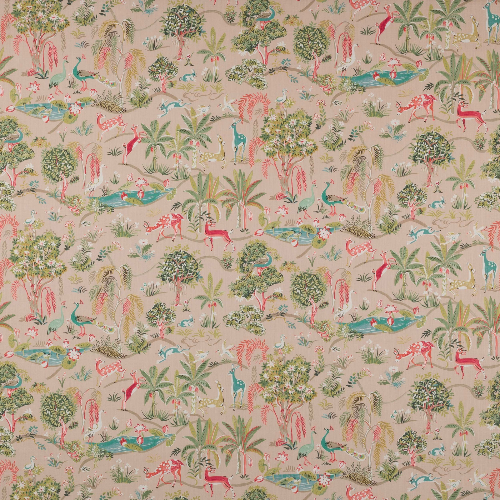 Printed pastoral fabric with deer, birds, trees and ponds on a soft beige ground