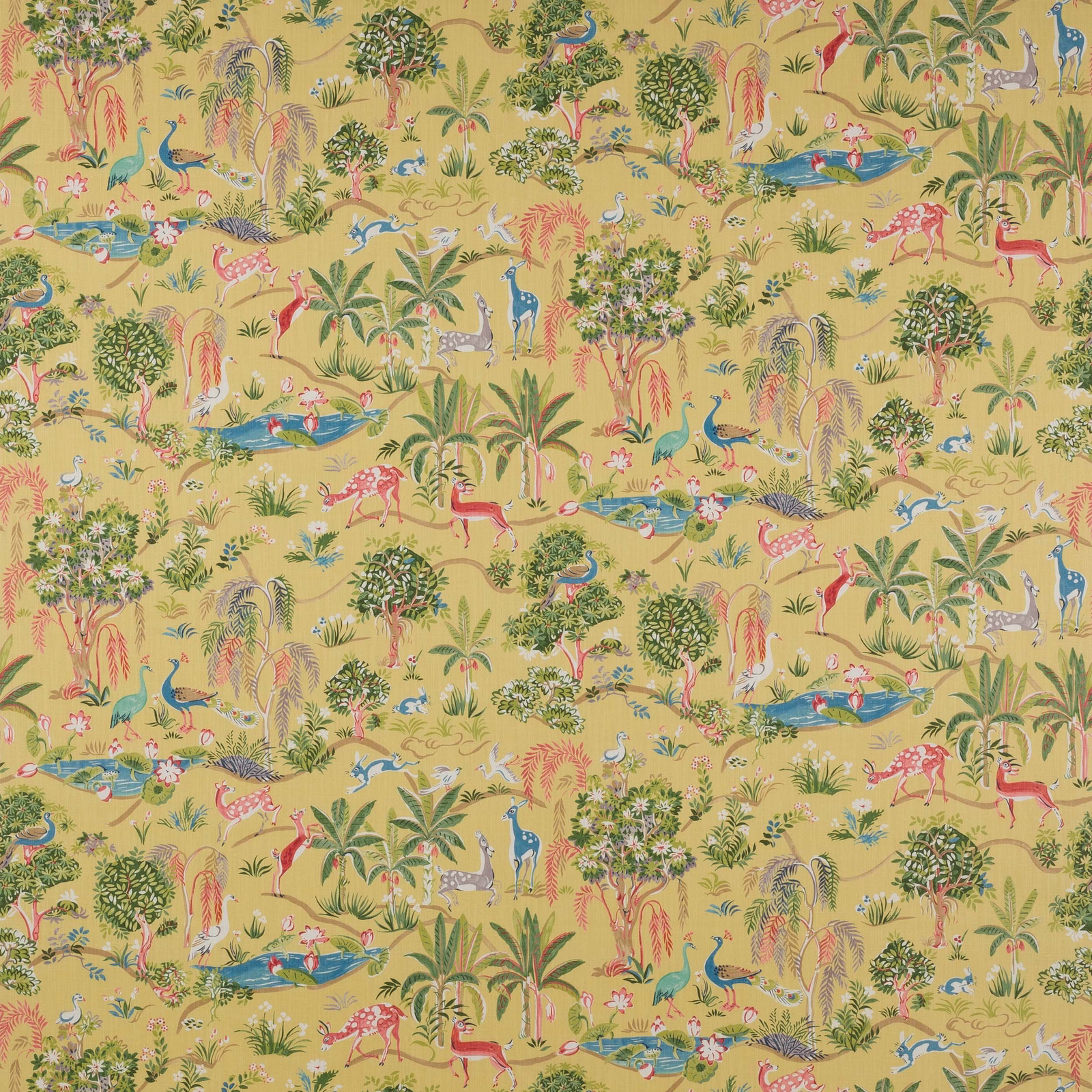 Yellow printed fabric with safari animals, palms, ponds and lively multicoloured detail