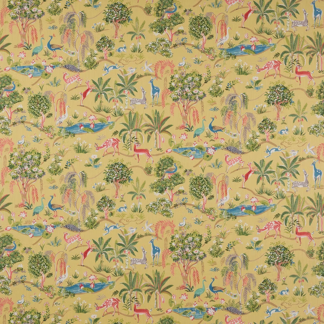 Yellow printed fabric with safari animals, palms, ponds and lively multicoloured detail