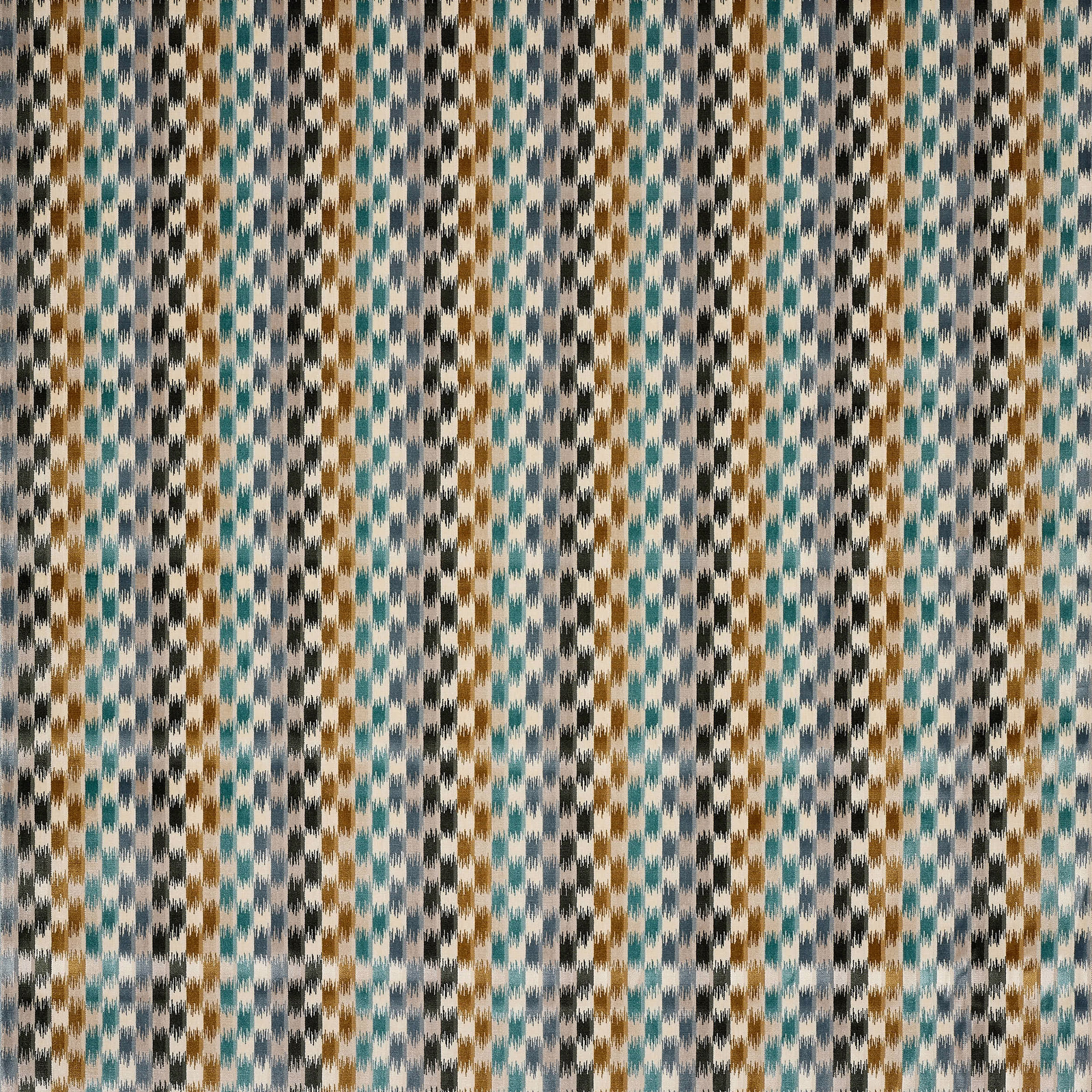Small geometric velvet swatch in aqua, taupe, ivory and charcoal vertical blocks