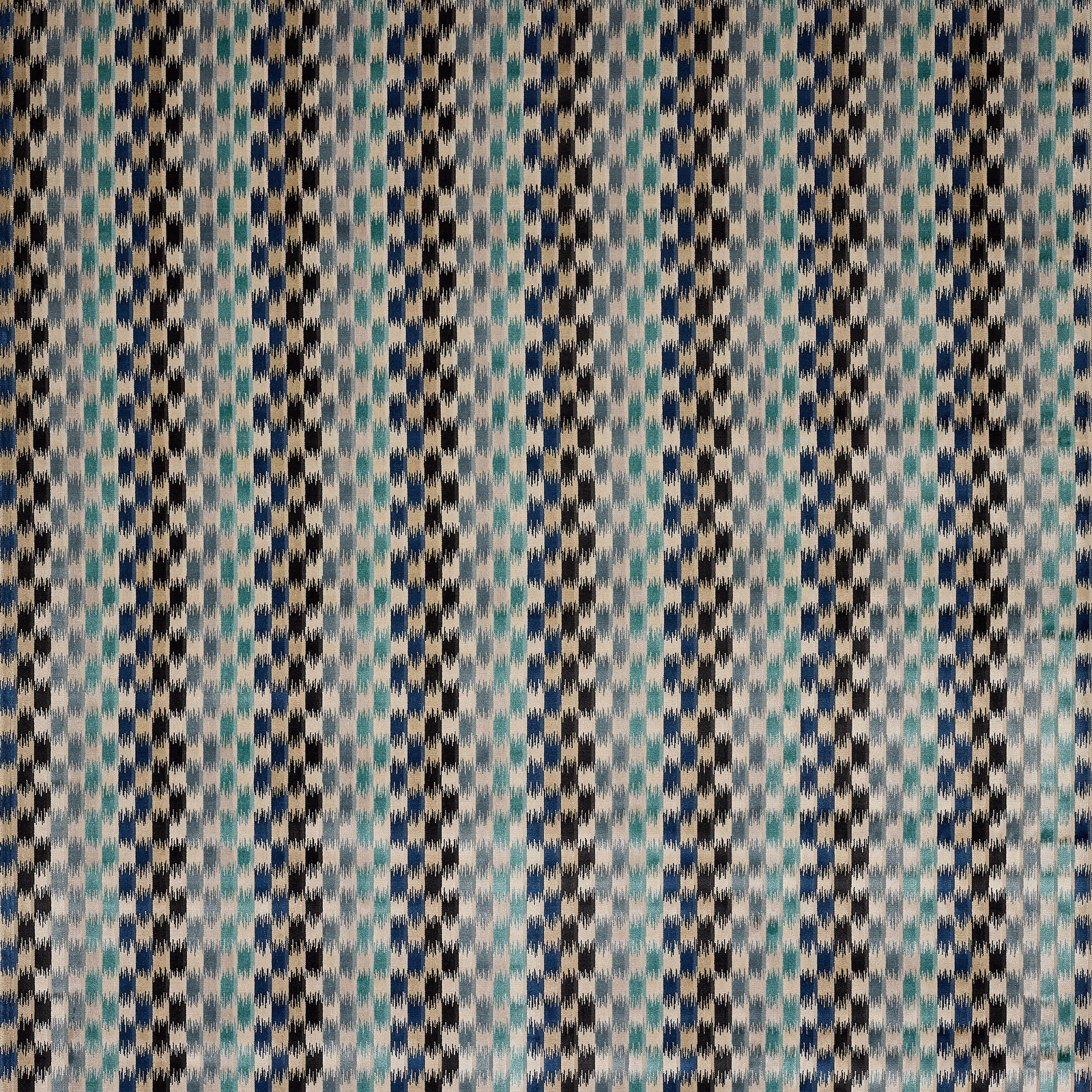 Teal-blue geometric velvet swatch with pale ground and dark vertical accents